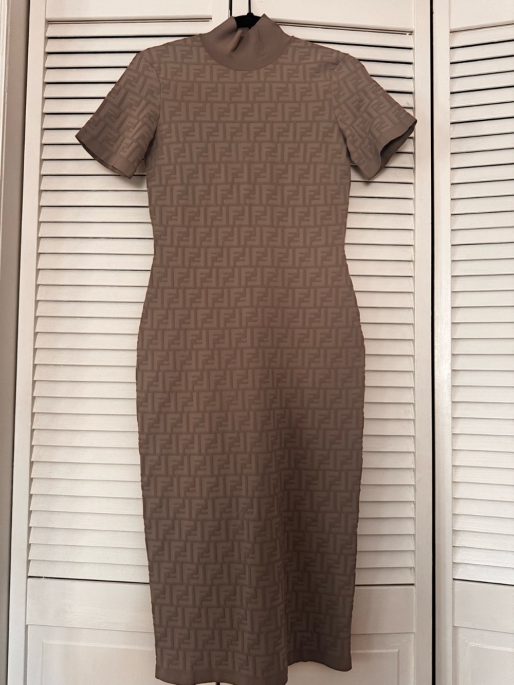 Fendi Taupe Logo-Embossed Short-Sleeve Midi Dress